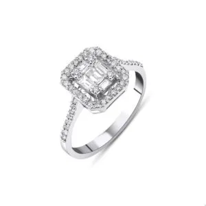 Emerald Kesim Baget Pırlanta Yüzük Halo Çevreli Modern Illusion Model