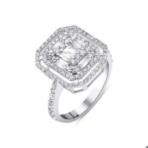 0.96 Karat Köşeli Baget Pırlanta Double Halo Yüzük Beyaz Altın Göz Alıcı Seri