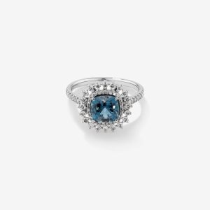 cushion kesim blue topaz merkez tasli ve pirlanta halo detayli vintage yuzuk modeli