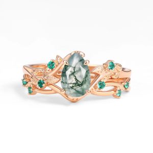 damla kesim moss agate merkez tasli ve yesil tas detayli vintage yuzuk modeli