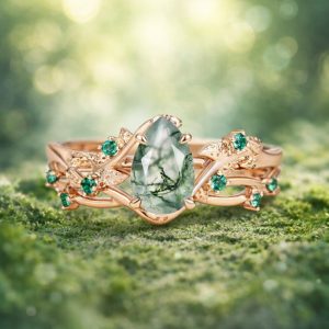 damla kesim moss agate merkez tasli ve yesil detayli vintage yuzuk dekorlu zemin uzerinde