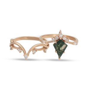 kite kesim moss agat tasli rose altin vintage yuzuk seti acik gorunumu