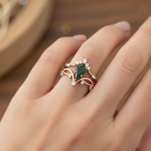 kite kesim moss agat tasli rose altin vintage yuzuk seti parmakta durusu