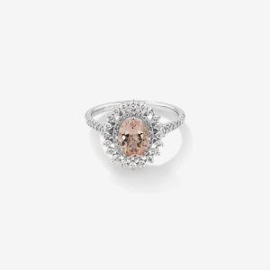 oval kesim morganit merkez tasli ve pirlanta halo detayli vintage yuzuk modeli