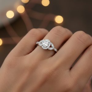 oval kesim pirlanta tasli halo ve yaprak detayli vintage yuzuk parmakta durusu