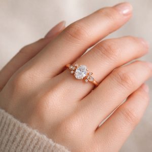 oval pirlanta tasli yaprak detayli vintage yuzuk parmakta durusu