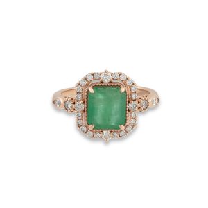 vintage pirlanta yuzuk zumrut kesim yesil tasli halo cevreli on gorunum