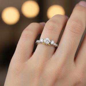 vintage pirlanta yuzuk uc tasli yuvarlak kesim iki renkli model parmakta durusu