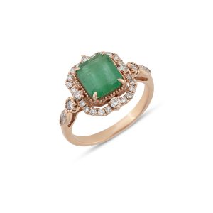 vintage pirlanta yuzuk zumrut kesim yesil tasli halo ve milgrain detayli rose altin model