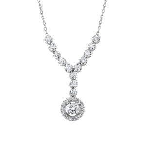 yuvarlak tas dizilimli y form ve halo detayli pirlanta kolye modeli