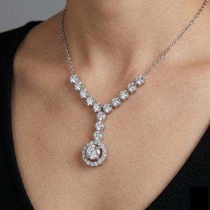 y form suyolu ve sarkit halo pirlanta kolyenin boyunda durusu