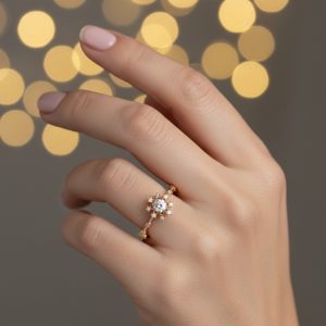 yuvarlak pirlanta tasli floral vintage yuzuk parmakta durusu