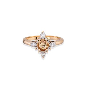 yuvarlak kesim morganit tasli markiz ve yuvarlak pirlanta detayli floral yuzuk