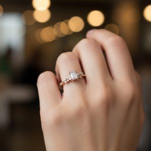 zumrut kesim pirlanta tasli cicek kumeli rose altin yuzuk parmakta durusu