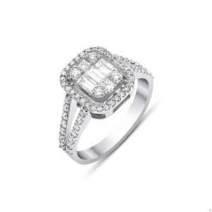 1 karat baget kesim pırlanta yüzük çift sıra kollu ve halo çerçeveli şık model