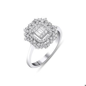 baget taşlı pırlanta yüzük yoğun yuvarlak taşlı çiçek form halo tasarım