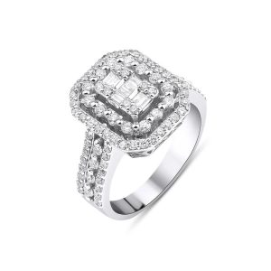 1 karat baget pırlanta yüzük çok katmanlı halo yuvarlak taş detaylı