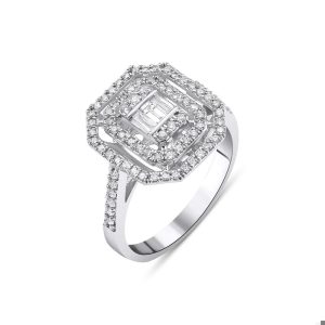 baget kesim pırlanta yüzük çift sıra halo yuvarlak taşlı beyaz altın