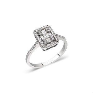 baget taşlı pırlanta yüzük yan açıdan görünüm çift sıra taşlı zarif kol yapısı