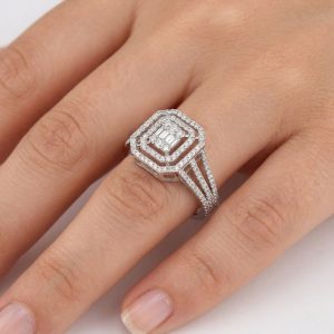 baget pırlanta yüzük elde duruş çok taşlı halo tasarım beyaz altın