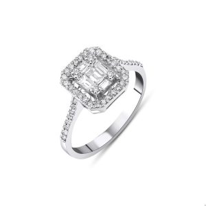 kare baget pırlanta yüzük ince kollu halo taşlı şık yüzük modeli