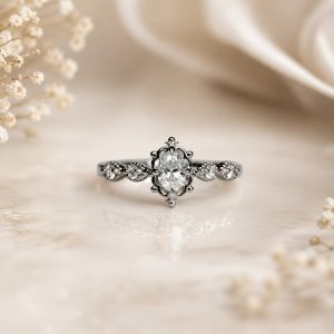 vintage oval kesim pırlanta yüzük milgrain detaylı ince yan taşlı model