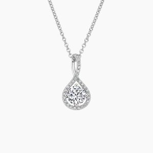 beyaz altın yuvarlak kesim pırlanta kolye damla çerçeveli halo tasarım