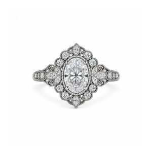 beyaz altın vintage floral tasarımlı oval halo tektaş pırlanta yüzük ön görünüm