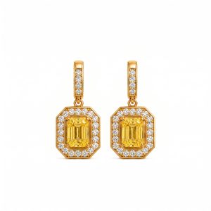 emerald kesim fancy yellow pırlanta taşlı ve çevresi pırlantalı sarı altın küpe çifti