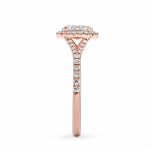 roze altın oval halo tektaş pırlanta yüzüğün yan profil görünümünde taşlı omuz ve galeri yapısı