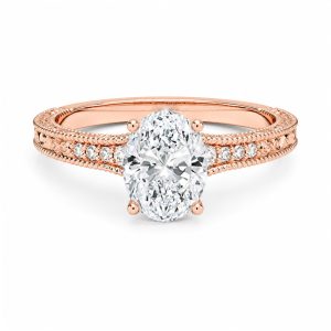 roze altın oval pırlanta yüzüğün ön görünümünde oval merkez taş ve narin vintage kol detayları