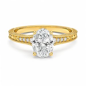 sarı altın oval pırlanta yüzüğün ön görünümünde oval merkez taş ve klasik vintage kol yapısı