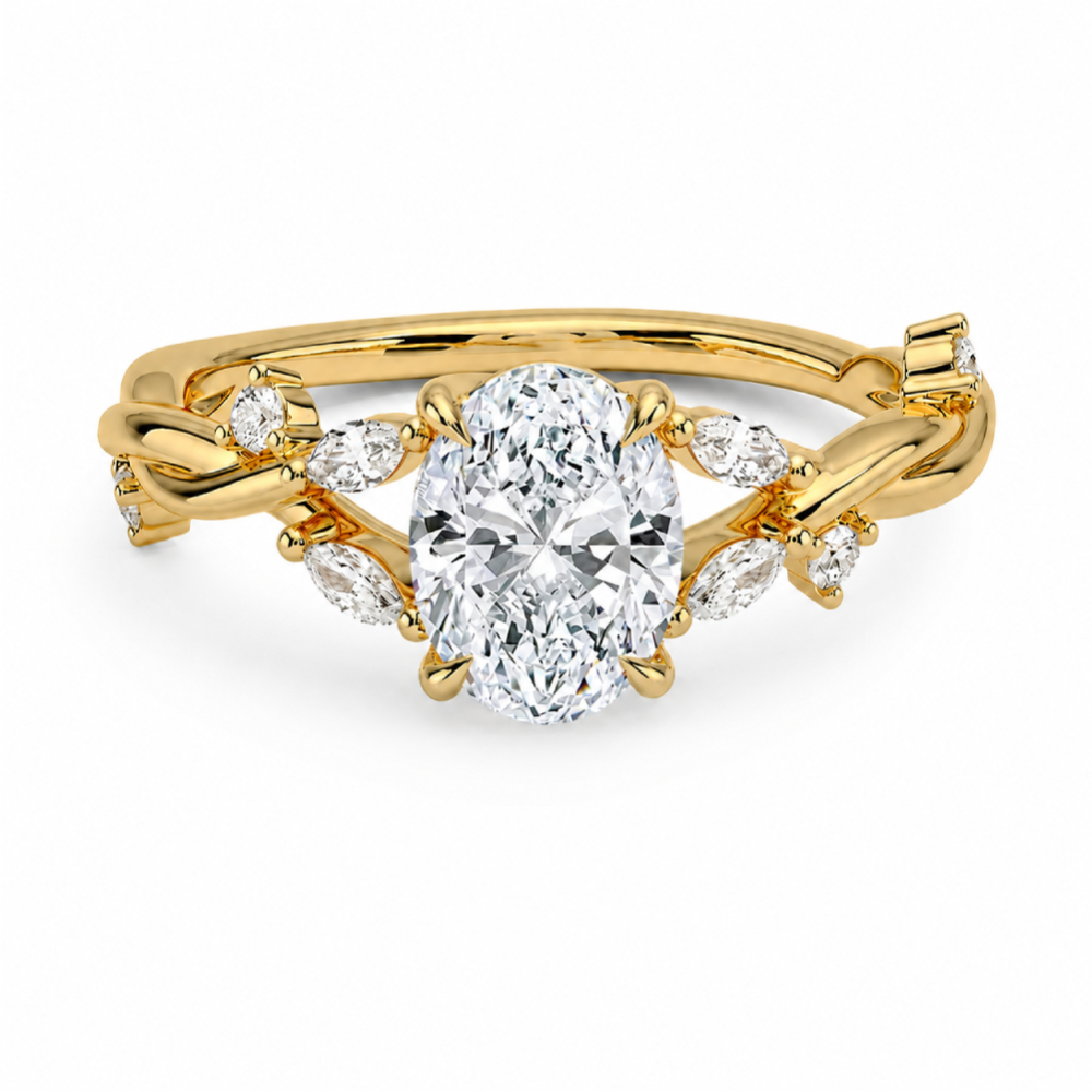 sarı altın oval kesim pırlanta yüzük, markiz ve yuvarlak yan taşlı floral detaylarıyla önden görünüm