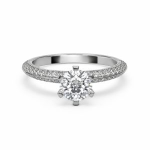 beyaz altın altı tırnak tiffany model yuvarlak kesim tektaş pırlanta yüzük ön görünümde taşlı kol detayı