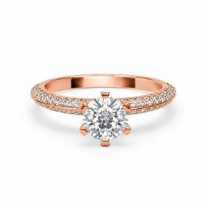 roze altın altı tırnak tiffany model yuvarlak kesim tektaş pırlanta yüzük ön görünümde taşlı kol tasarımı