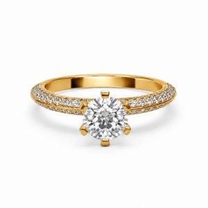 sarı altın altı tırnak tiffany model yuvarlak kesim tektaş pırlanta yüzük ön görünümde parlak taşlı kol