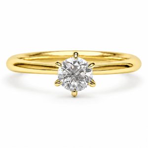 sarı altın klasik tektaş pırlanta yüzük ön görünümde tiffany model yuvarlak kesim taş