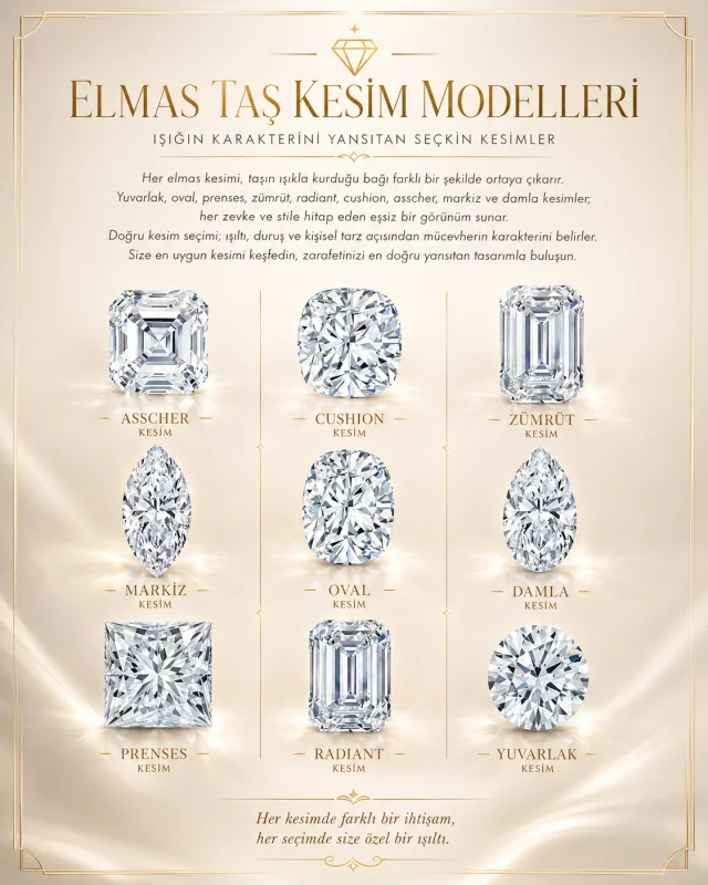 elmas taş kesim modelleri tablosu, asscher, cushion, zümrüt, markiz, oval, damla, prenses, radiant ve yuvarlak kesim taş şekilleri