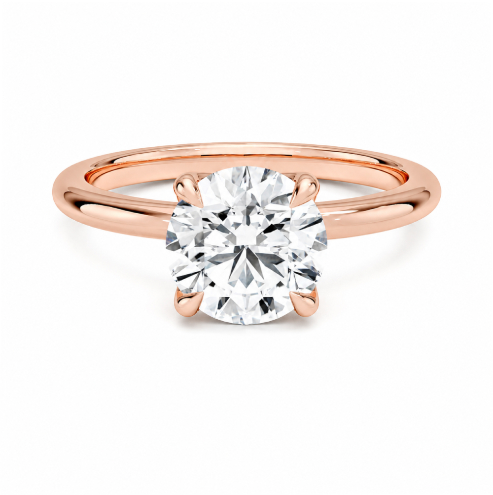 rose altın 1.50 karat yuvarlak kesim tektaş pırlanta yüzük ön görünüm, dört tırnaklı solitaire tasarım