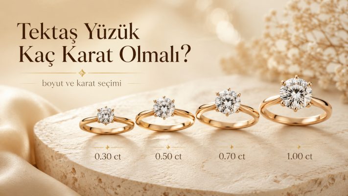 farklı karat ağırlıklarındaki yuvarlak kesim tektaş pırlanta yüzüklerin taş boyutlarını karşılaştırmalı olarak gösteren görsel